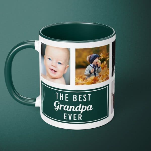 Green-Handled Mug With A Collage Of Photos Of Babies And Toddlers And The Text, The Best Grandpa Ever.