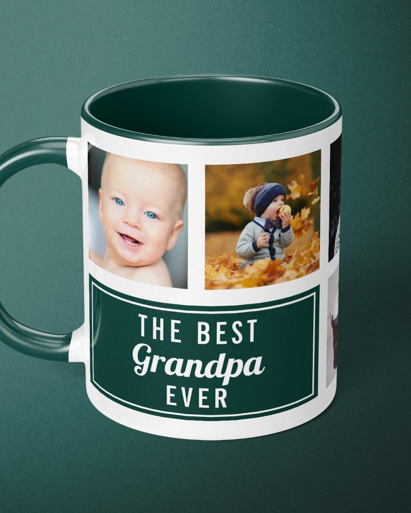 Green-handled mug with a collage of photos of babies and toddlers and the text, The Best Grandpa Ever.