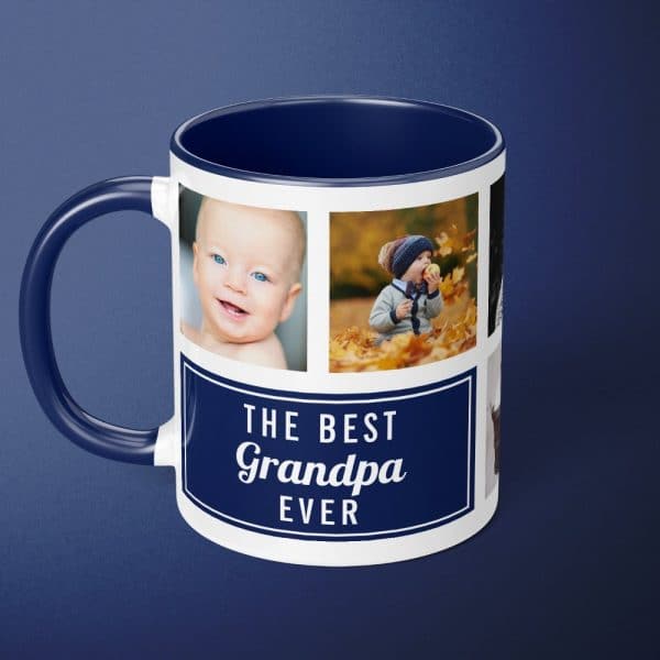 Navy Blue Mug With A White Design. The Design Includes A Collage Of Photos Of Babies And Toddlers And The Text, The Best Grandpa Ever.