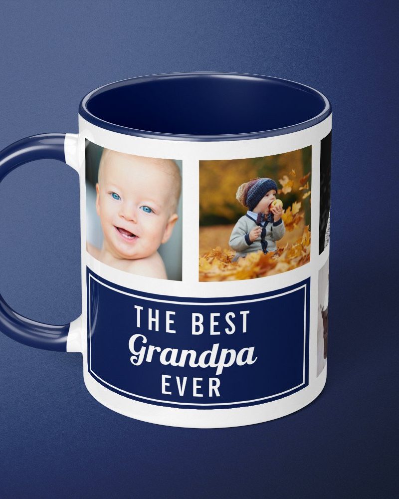 Navy blue mug with a white design. The design includes a collage of photos of babies and toddlers and the text, The Best Grandpa Ever.