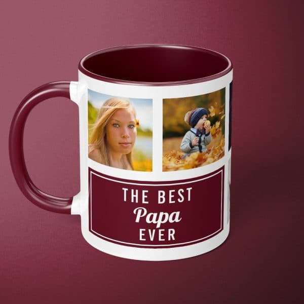 A Maroon-Rimmed Coffee Mug Featuring Three Photos Of A Young Woman And Child And The Text The Best Papa Ever.