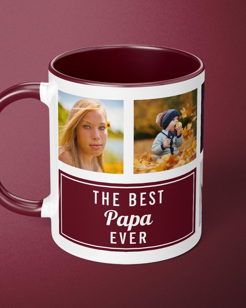 A maroon-rimmed coffee mug featuring three photos of a young woman and child and the text The Best Papa Ever.