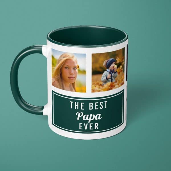 White Mug With Dark Green Interior And Handle, Displaying Photos Of A Young Woman And Child, Along With The Text The Best Papa Ever.
