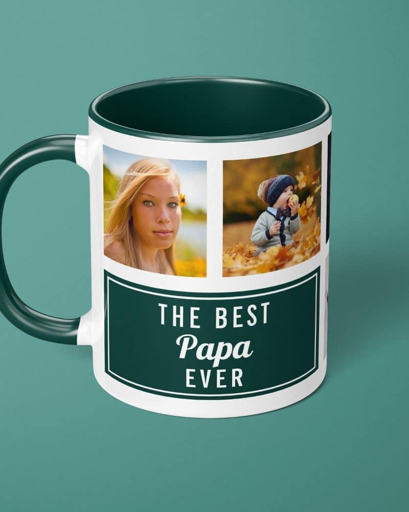 White mug with dark green interior and handle, displaying photos of a young woman and child, along with the text The Best Papa Ever.