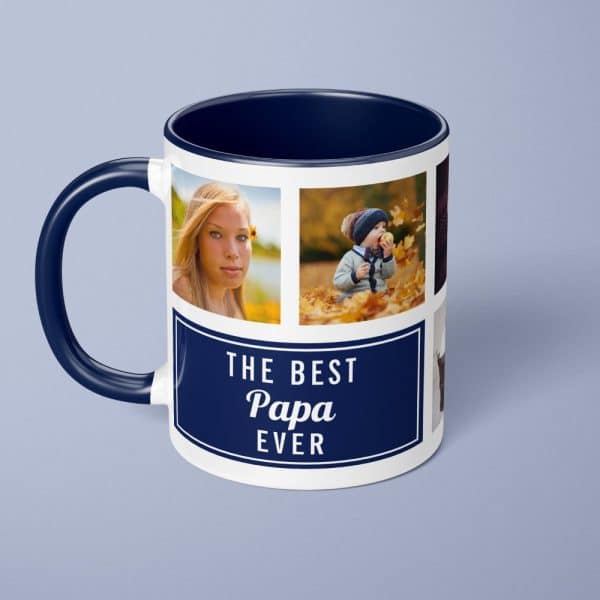Navy Blue Mug With A Collage Of Family Photos And The Text The Best Papa Ever.