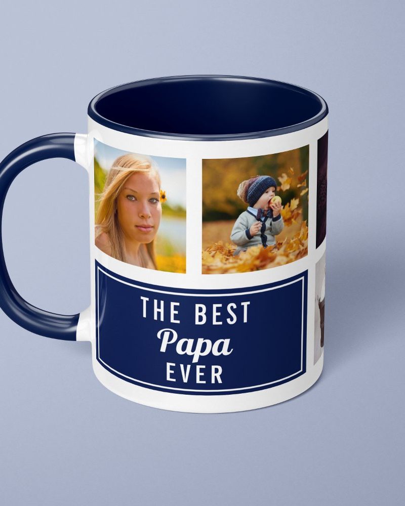 Navy blue mug with a collage of family photos and the text The Best Papa Ever.