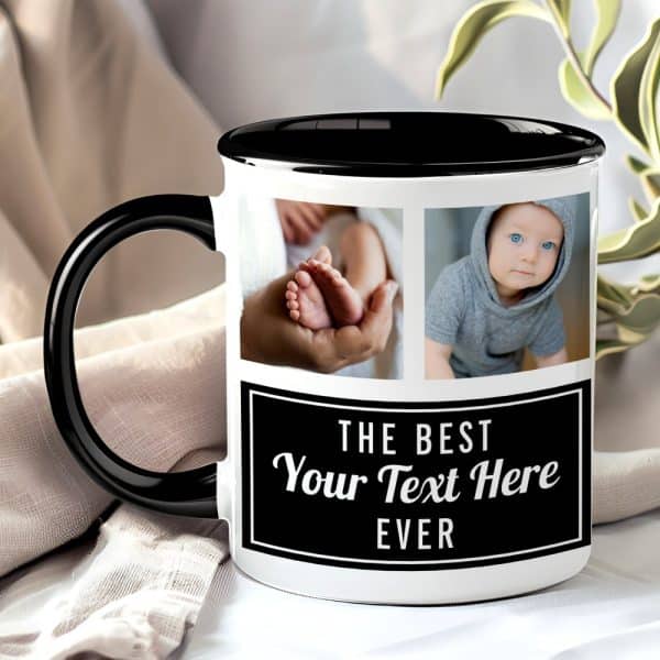 Black-Handled Mug With A White Body, Featuring Two Baby Photos And Personalized Text.