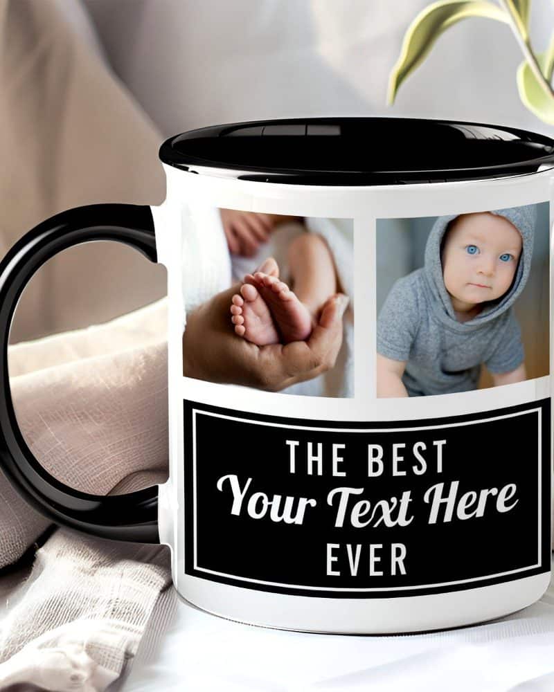 Black-handled mug with a white body, featuring two baby photos and personalized text.