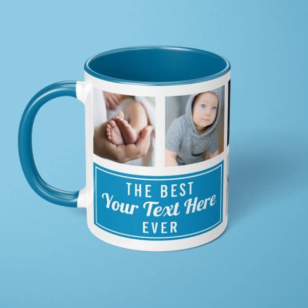 Blue Mug With Two Baby Photos And Customizable Text.