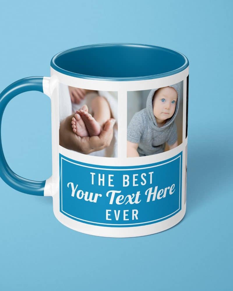 Blue mug with two baby photos and customizable text.