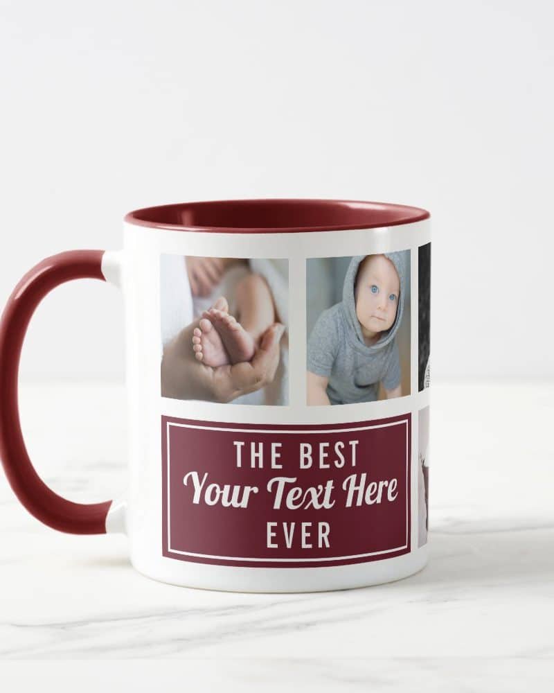 White coffee mug with maroon interior and handle, featuring photos of babies and text that says, The Best Your Text Here Ever.