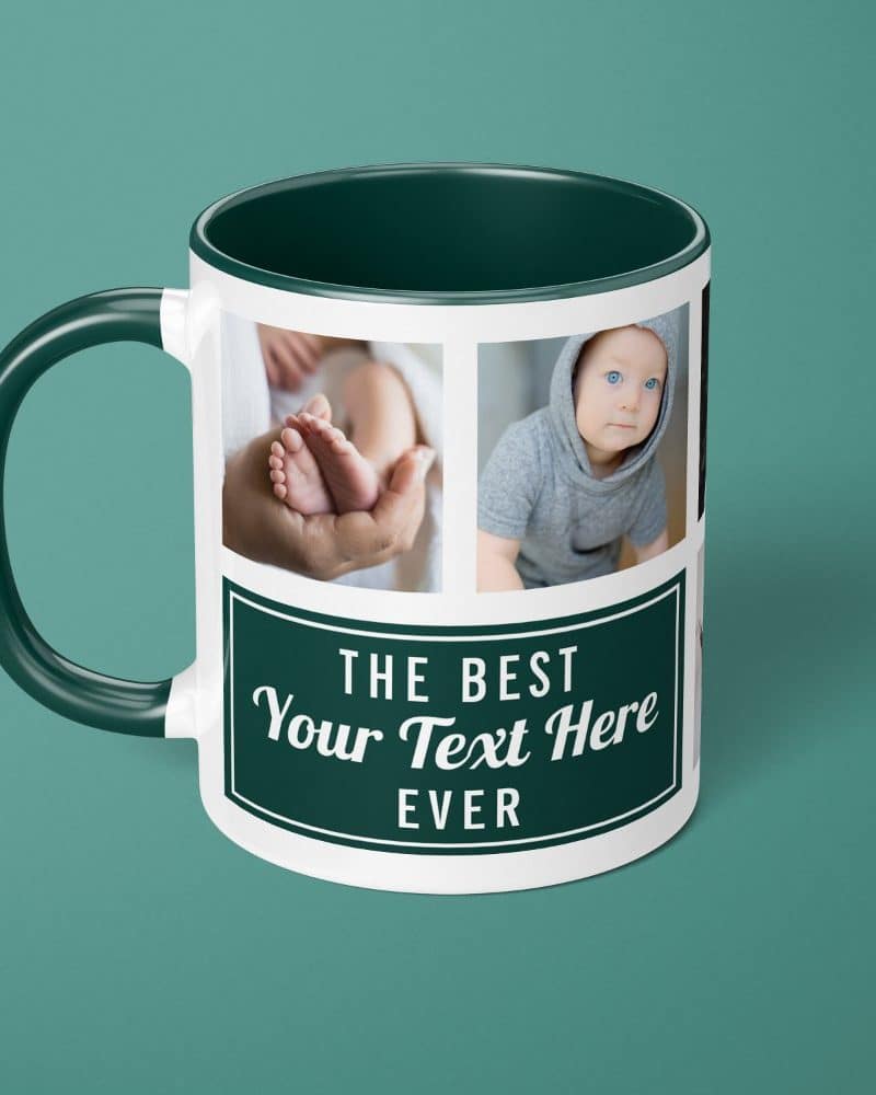 Dark green mug with photos of a baby's feet and a baby in a hoodie. Text reads The Best Your Text Here Ever.
