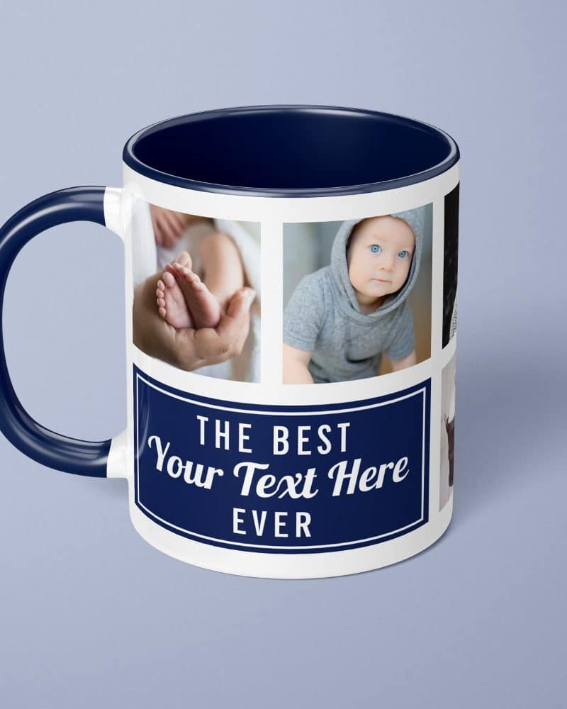 Navy blue mug with a white design featuring a photo collage of babies and the text The Best Your Text Here Ever.