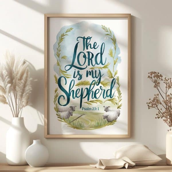 Framed Art Print With The Text The Lord Is My Shepherd, Psalm 23:1, And Watercolor Imagery Of Sheep.