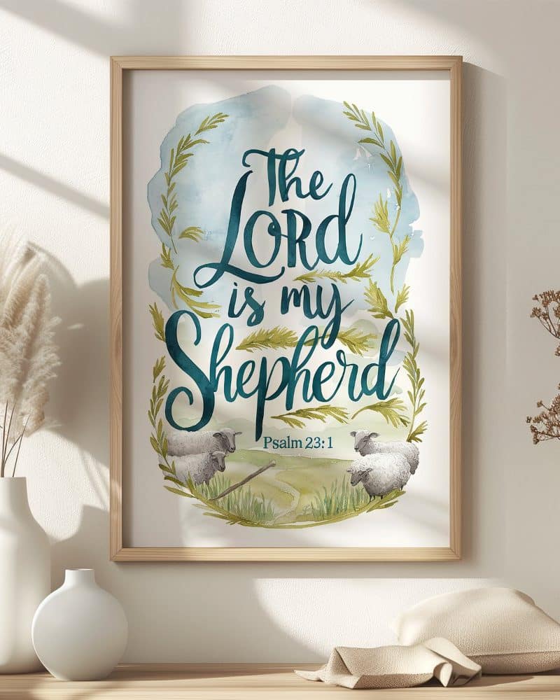 Framed art print with the text The Lord is my Shepherd, Psalm 23:1, and watercolor imagery of sheep.