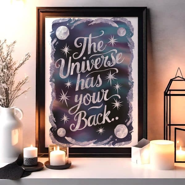Framed Print With The Text The Universe Has Your Back, Set Against A Cosmic Background With Stars And Moons.