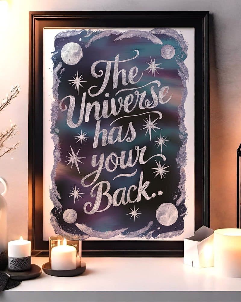 Framed print with the text The Universe has your Back, set against a cosmic background with stars and moons.