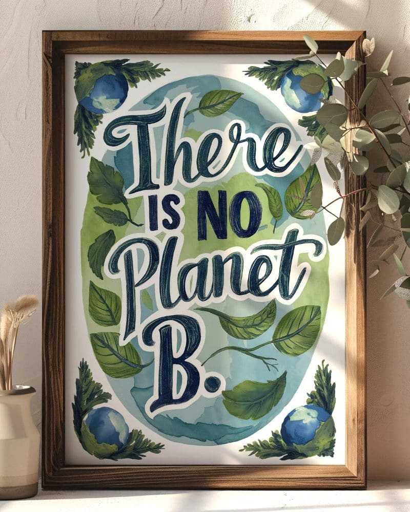 Framed print with watercolor-style illustration of Earth and the text There is No Planet B.