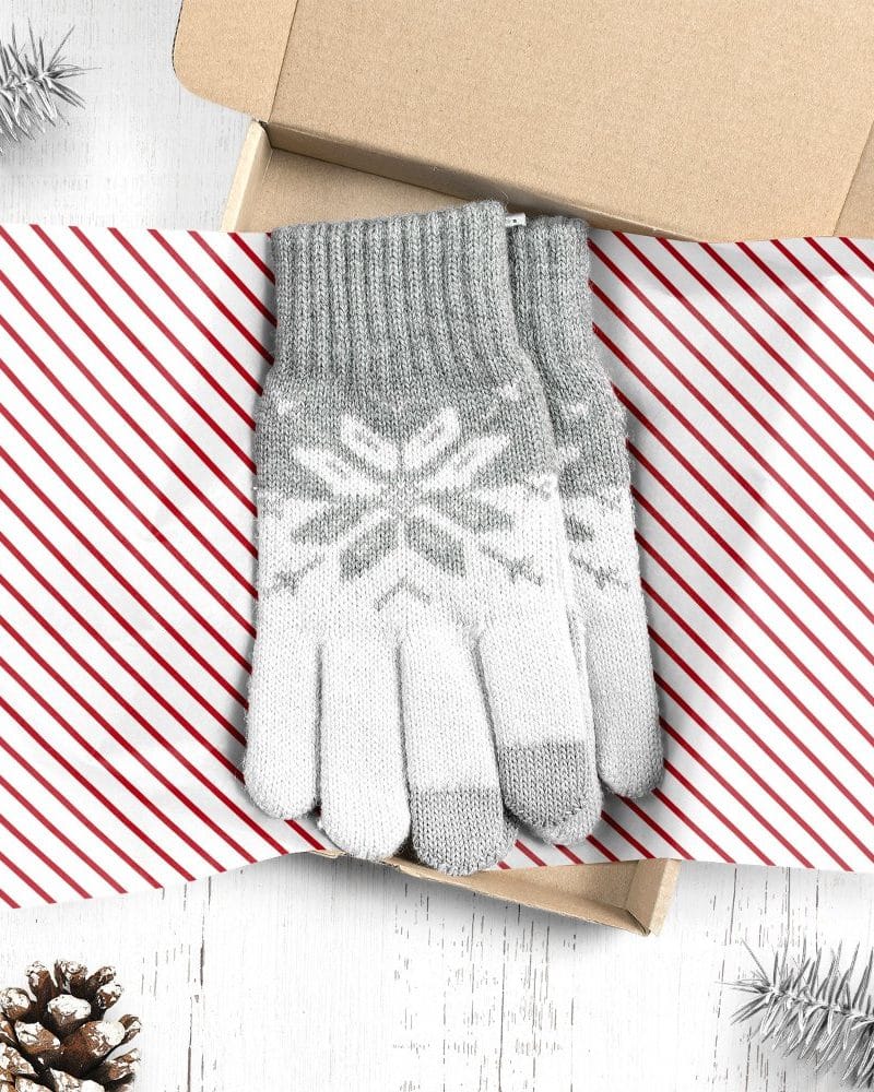 Pair of gray and white snowflake patterned gloves in a gift box.