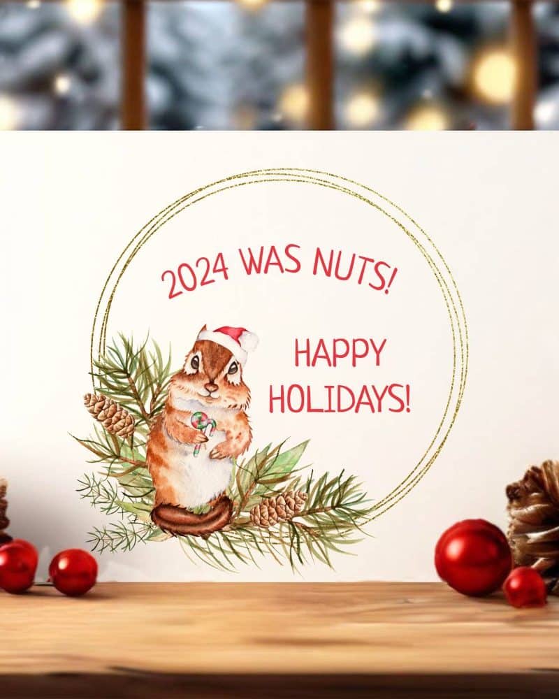 Christmas card featuring a cartoon chipmunk in a Santa hat holding a candy cane, surrounded by a gold circular frame of pine branches and pinecones. The text reads 2024 was nuts! Happy Holidays!