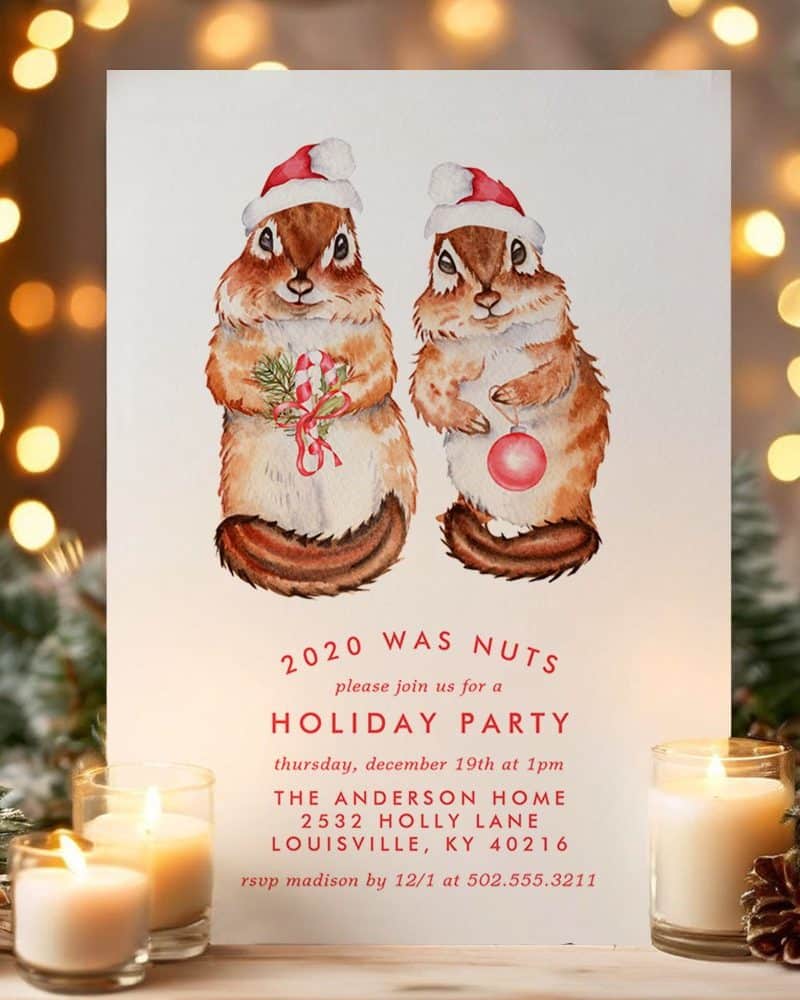 Holiday party invitation featuring two watercolor chipmunks wearing Santa hats.