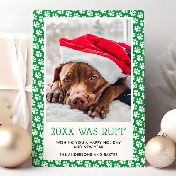 Christmas Holiday Card Featuring A Brown Dog Wearing A Santa Hat.