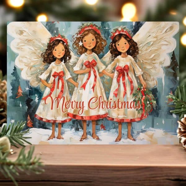 Christmas Card Depicting Three Angels In White Dresses With Red Ribbons, Wings, And Floral Head Wreaths. Merry Christmas Is Written On The Card.