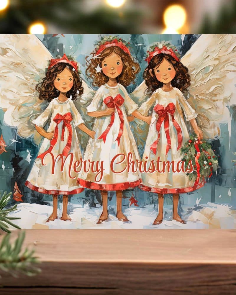 Christmas card depicting three angels in white dresses with red ribbons, wings, and floral head wreaths. Merry Christmas is written on the card.