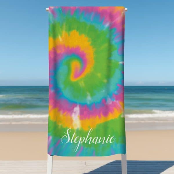 Personalized Tie-Dye Beach Towel With The Name Stephanie.