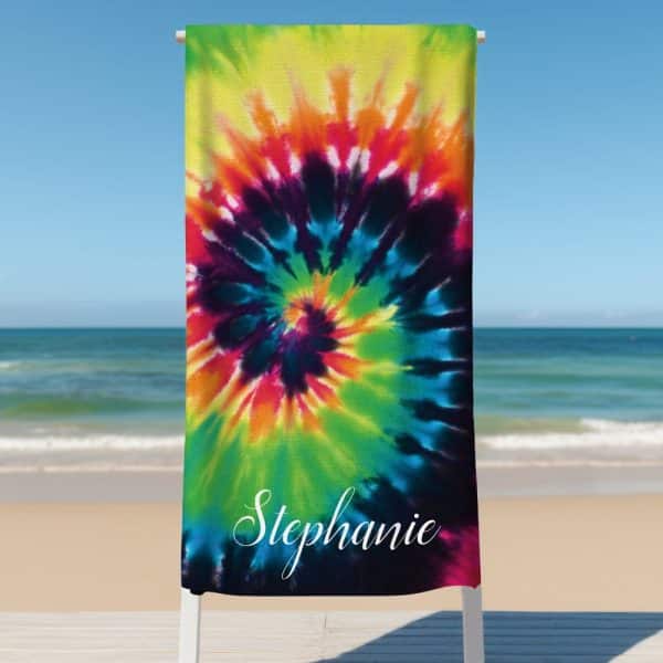 Personalized Tie-Dye Beach Towel With The Name Stephanie.