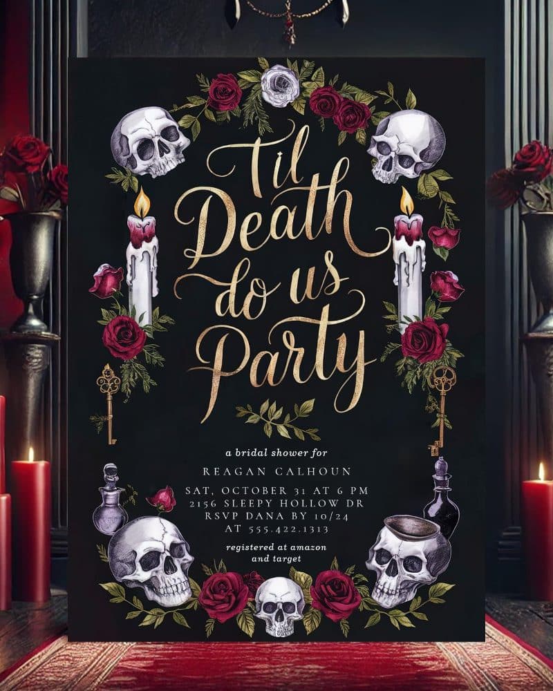 Black bridal shower invitation with gold lettering that says Til Death Do Us Party, surrounded by skulls, candles, and roses.