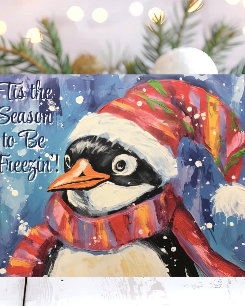 Painting of a penguin wearing a colorful winter hat and scarf against a blue snowy background. The text Tis the Season to Be Freezin! is included.
