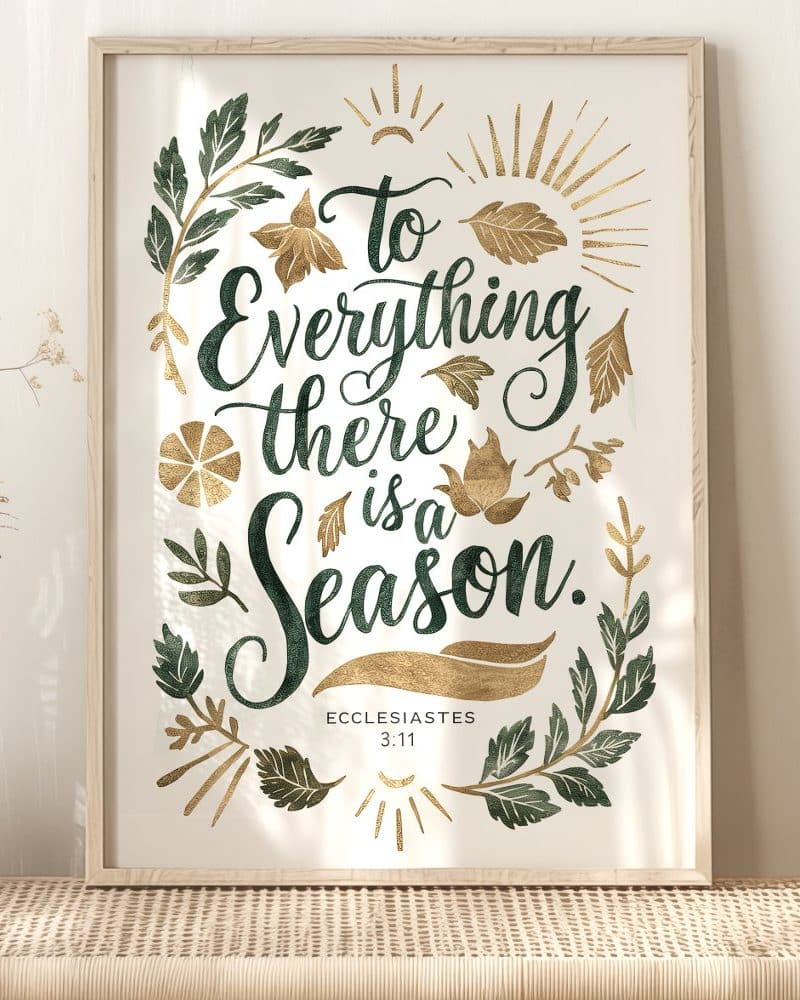Framed print with the text To Everything There Is a Season, Ecclesiastes 3:11, surrounded by gold and green botanical illustrations.
