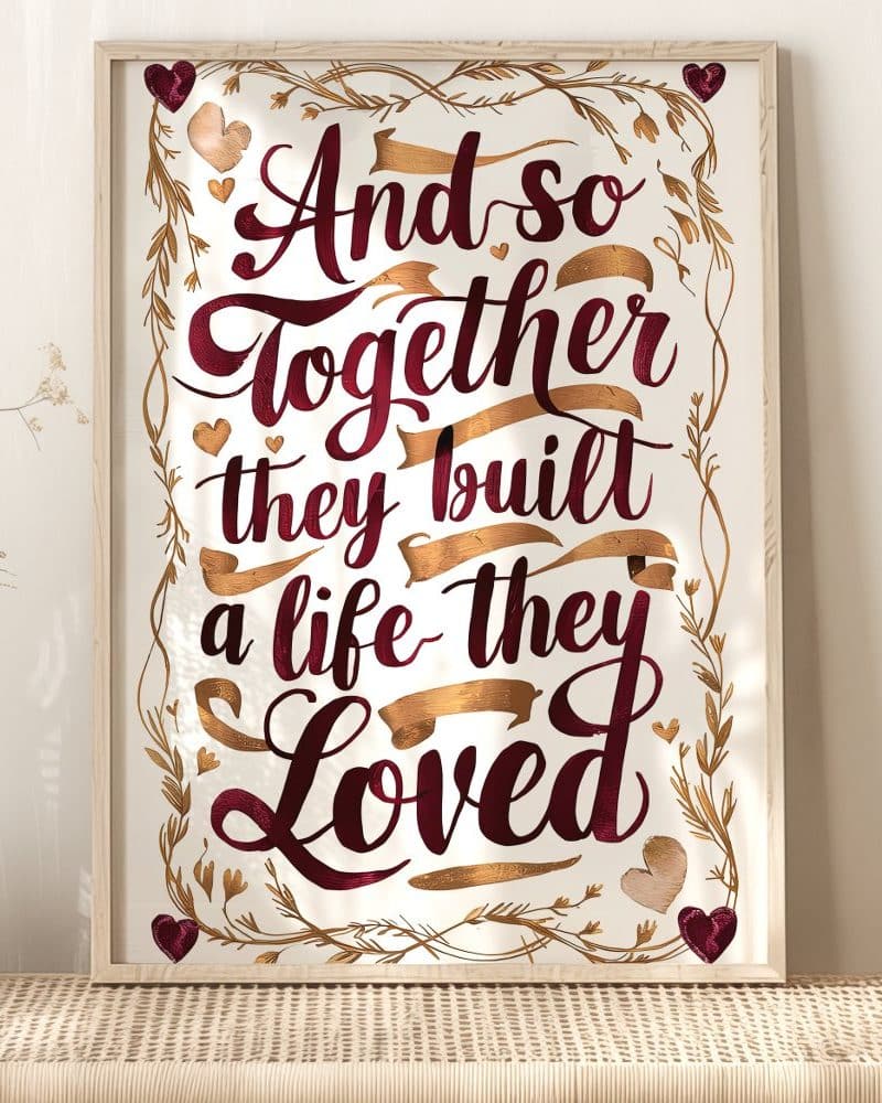 Framed print with gold and burgundy lettering that reads And so together they built a life they loved. The text is surrounded by gold floral designs and small hearts.