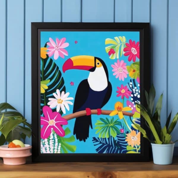A Toucan Perched On A Branch Amidst Vibrant Tropical Flowers.
