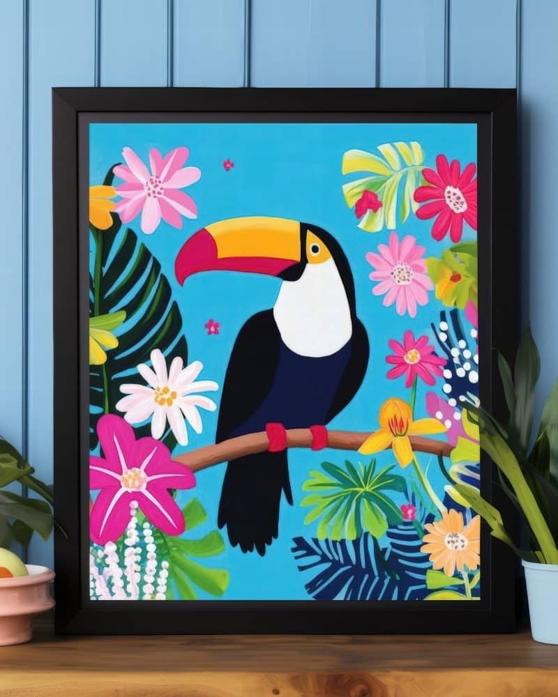 A toucan perched on a branch amidst vibrant tropical flowers.