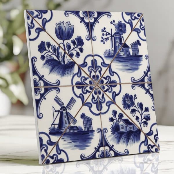 Blue And White Delft Tile Featuring Windmills And Floral Designs.