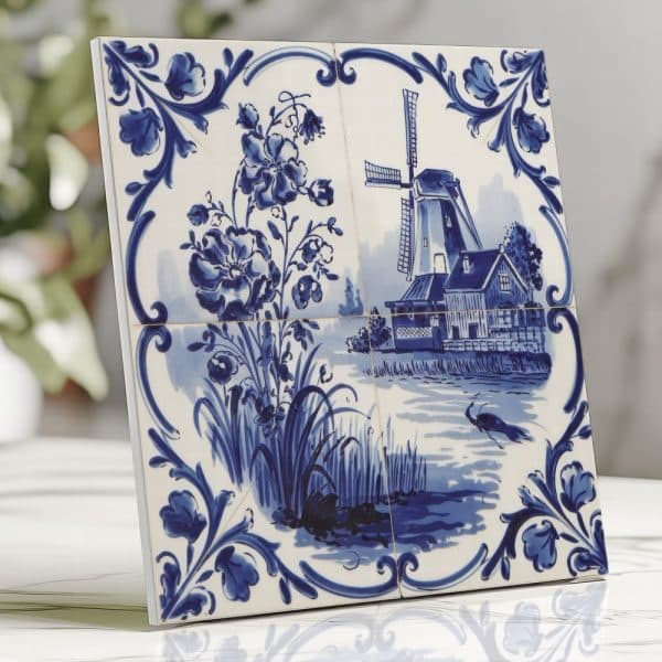 Blue And White Delft Tile Depicting A Windmill And Flowers.