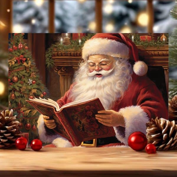 Santa Claus Sitting By A Fireplace, Reading A Large Book.