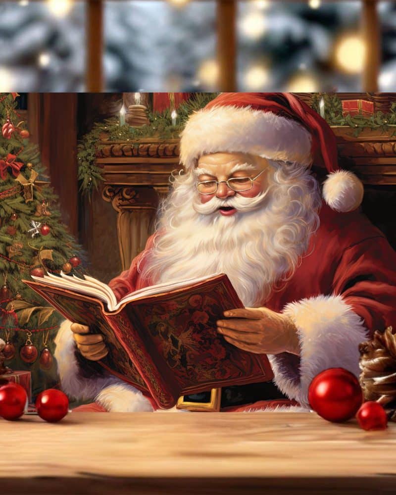 Santa Claus sitting by a fireplace, reading a large book.