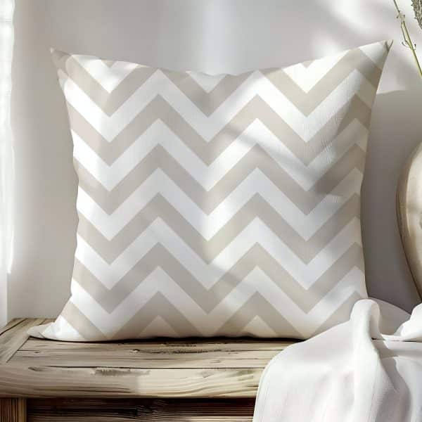 Beige And White Chevron Patterned Throw Pillow.