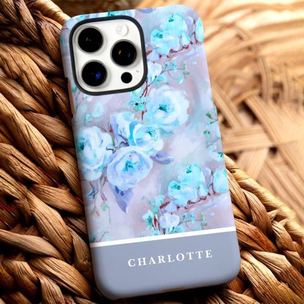 Phone Case With Light Blue Floral Design And The Name Charlotte At The Bottom.