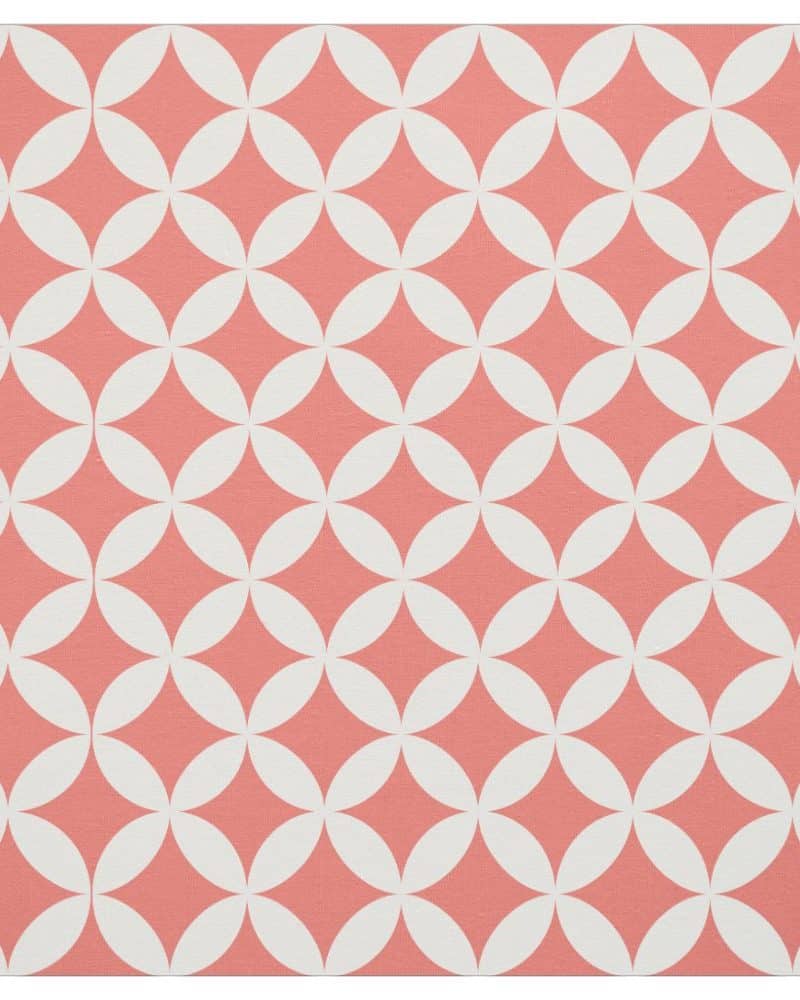 Pink background with a repeating pattern of off-white overlapping circles forming a diamond shape.