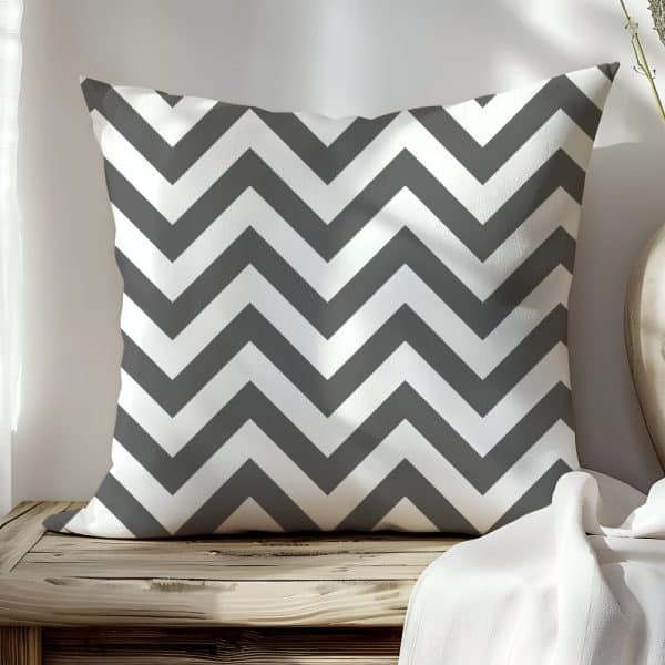 Gray And White Chevron Patterned Throw Pillow.