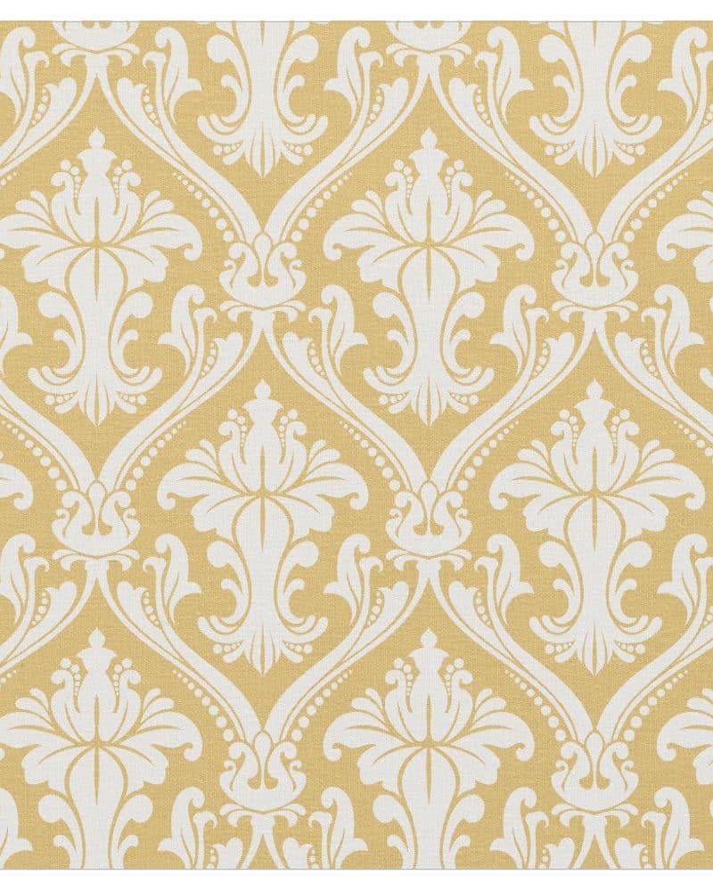 Beige background with a repeating white damask pattern.