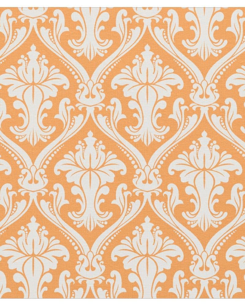 Orange background with a repeating white damask pattern.