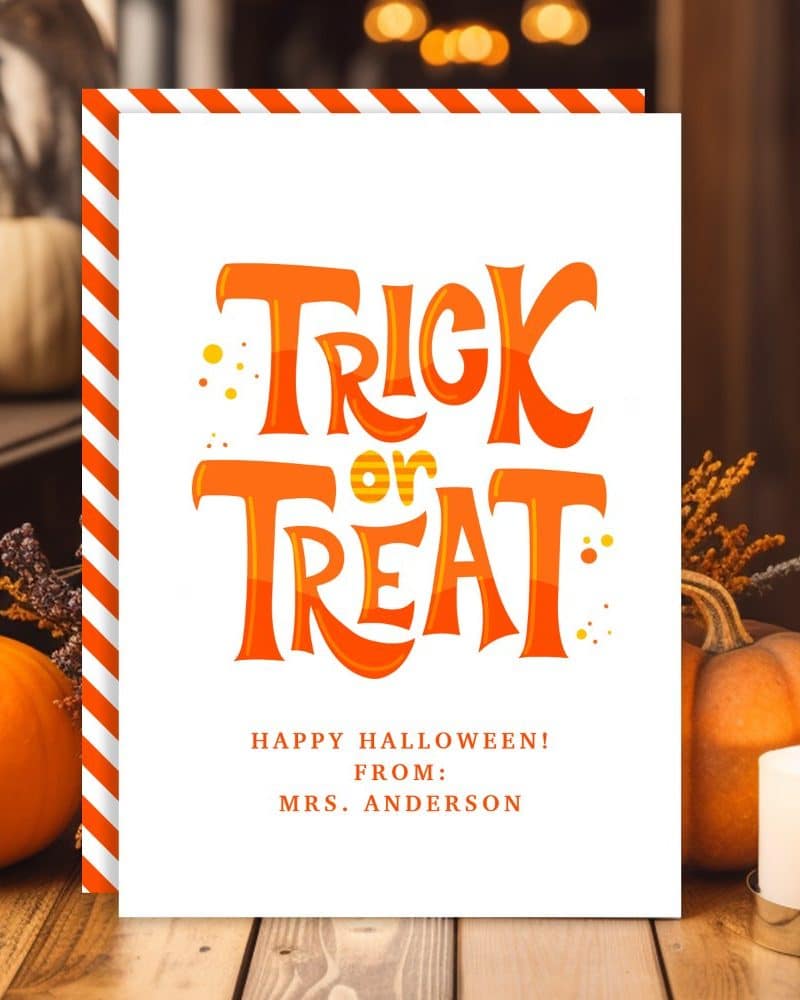 Halloween greeting card with orange Trick or Treat lettering.
