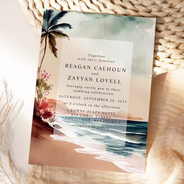 Beach-Themed Wedding Invitation For Reagan Calhoun And Zayyan Lovell.