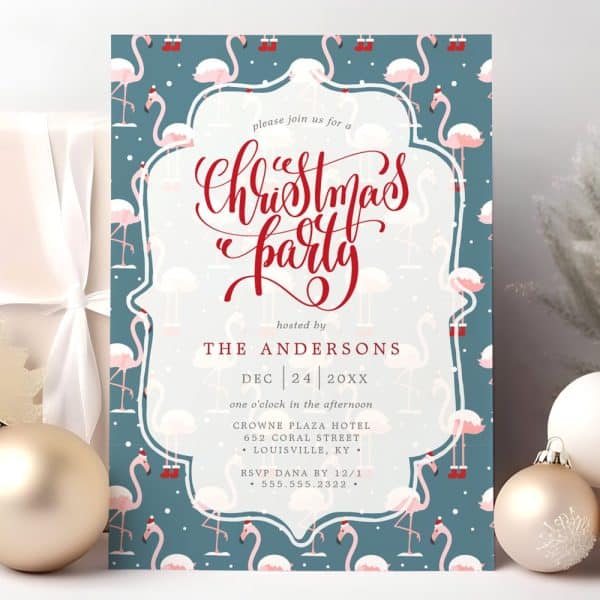 Christmas Party Invitation Featuring Pink Flamingos In Santa Hats On A Teal Background.