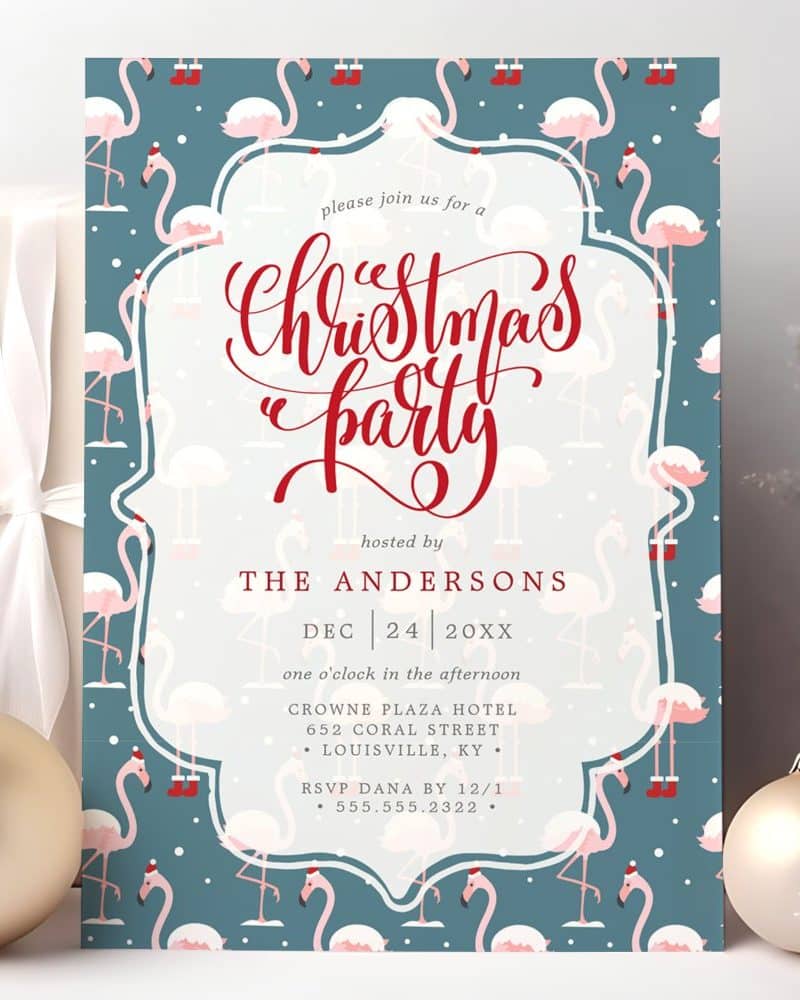 Christmas party invitation featuring pink flamingos in Santa hats on a teal background.